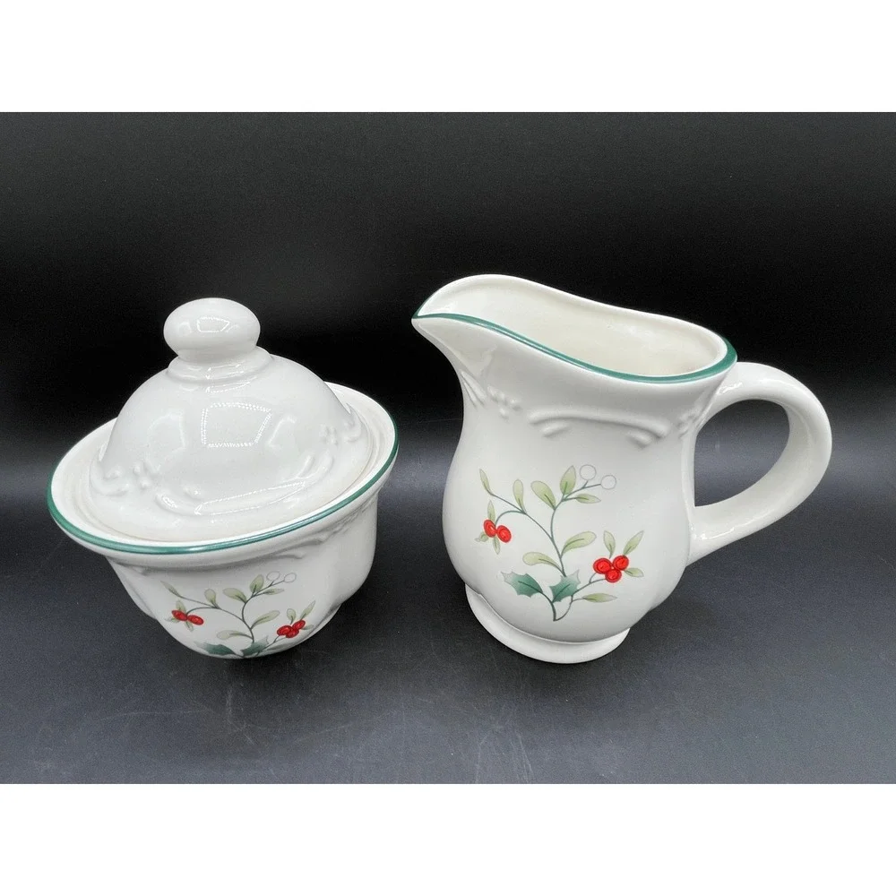 Pfaltzgraff Winterberry Cream and Sugar Set White Stoneware Holly Berry Holiday
